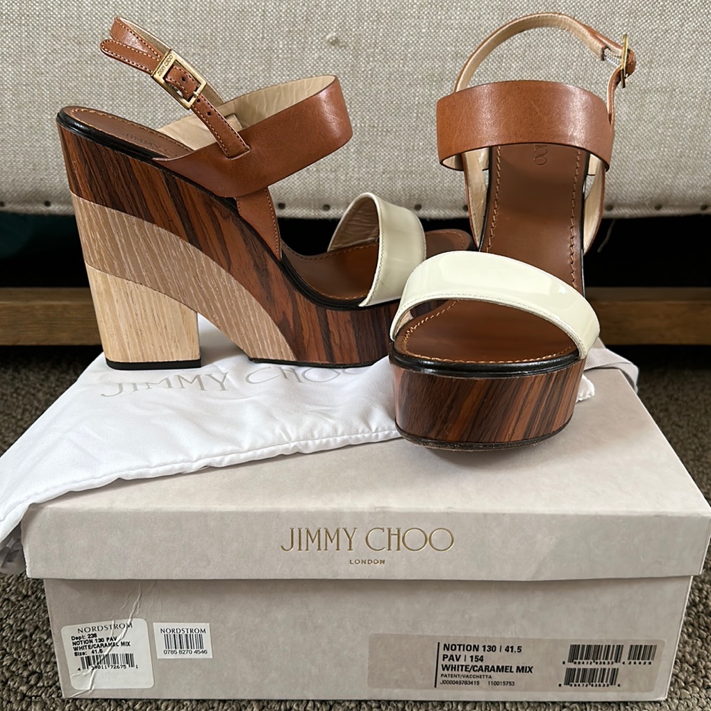 Jimmy Choo White/Caramel Mix Notion 130 Wedge Sandal Size 41.5